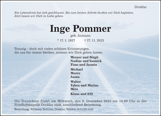 Traueranzeige von Inge Pommer von Hildesheimer Allgemeine Zeitung