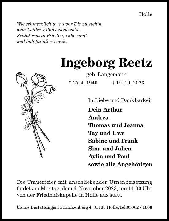 Traueranzeige von Ingeborg Reetz von Hildesheimer Allgemeine Zeitung