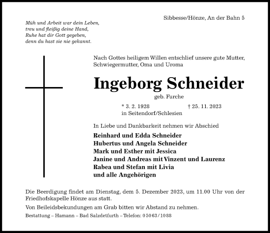 Traueranzeige von Ingeborg Schneider von Hildesheimer Allgemeine Zeitung