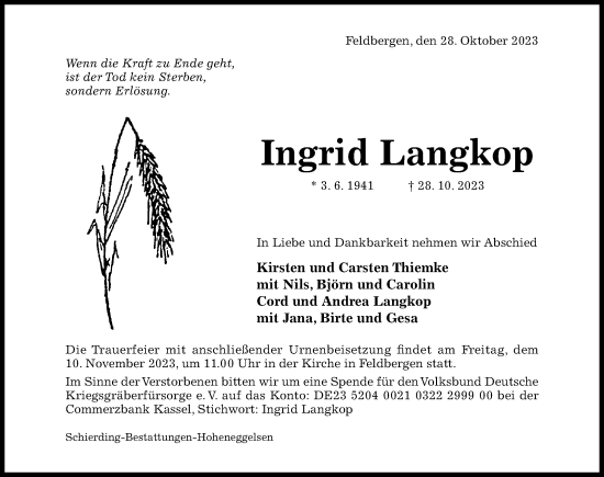 Traueranzeige von Ingrid Langkop von Hildesheimer Allgemeine Zeitung