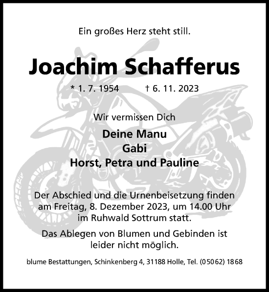 Traueranzeige von Joachim Schafferus von Hildesheimer Allgemeine Zeitung