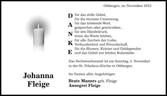 Traueranzeige von Johanna Fleige von Hildesheimer Allgemeine Zeitung