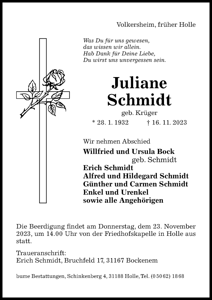  Traueranzeige für Juliane Schmidt vom 20.11.2023 aus Hildesheimer Allgemeine Zeitung