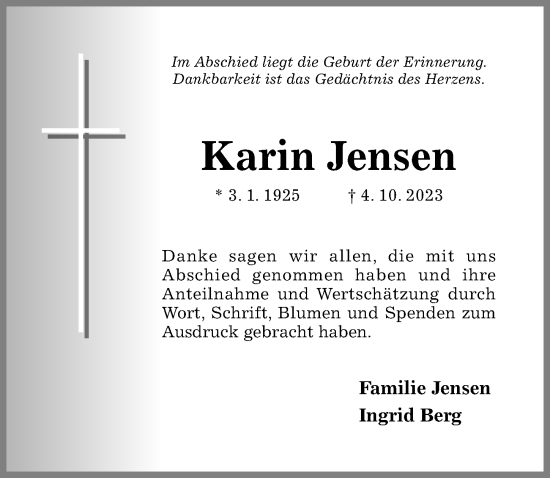 Traueranzeige von Karin Jensen von Hildesheimer Allgemeine Zeitung