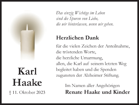 Traueranzeige von Karl Haake von Hildesheimer Allgemeine Zeitung