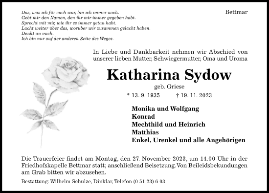 Traueranzeige von Katharina Sydow von Hildesheimer Allgemeine Zeitung