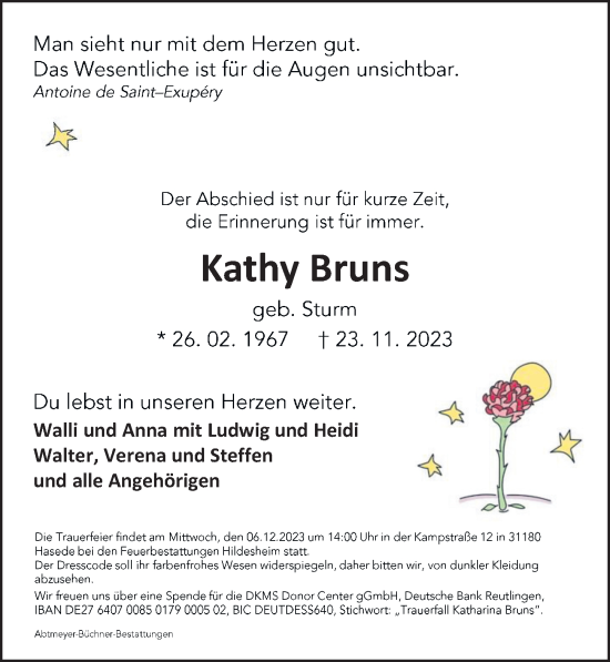 Traueranzeige von Kathy Bruns von Hildesheimer Allgemeine Zeitung