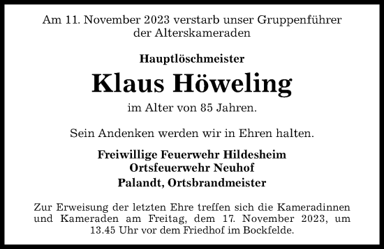 Traueranzeige von Klaus Höweling von Hildesheimer Allgemeine Zeitung