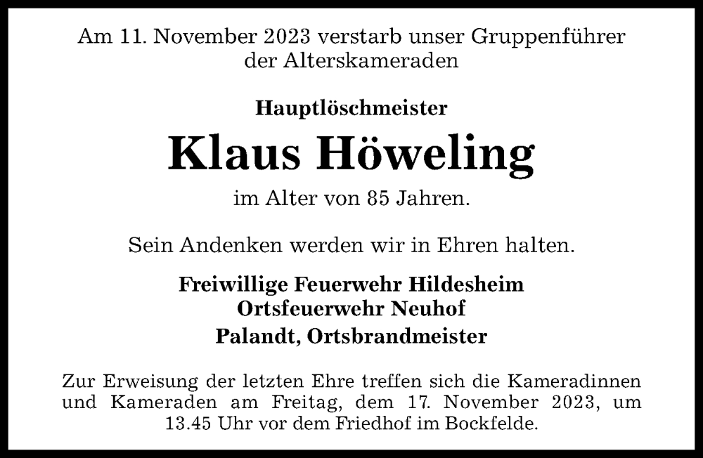  Traueranzeige für Klaus Höweling vom 15.11.2023 aus Hildesheimer Allgemeine Zeitung