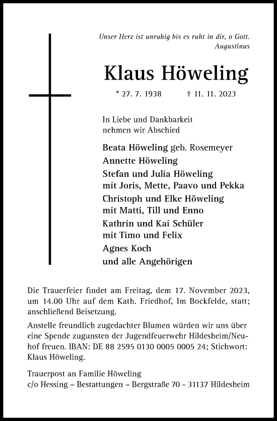 Traueranzeige von Klaus Höweling von Hildesheimer Allgemeine Zeitung