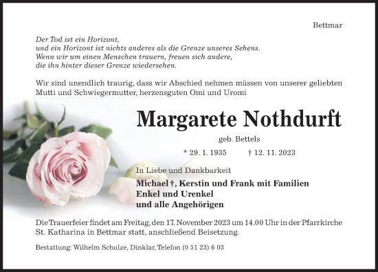 Traueranzeige von Margarete Nothdurft von Hildesheimer Allgemeine Zeitung