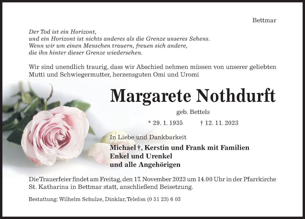  Traueranzeige für Margarete Nothdurft vom 15.11.2023 aus Hildesheimer Allgemeine Zeitung