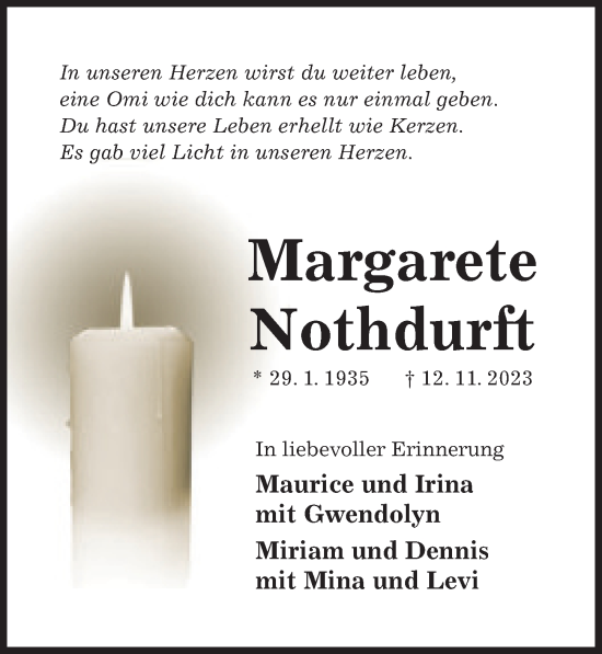 Traueranzeige von Margarete Nothdurft von Hildesheimer Allgemeine Zeitung