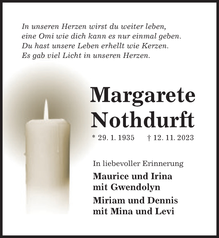  Traueranzeige für Margarete Nothdurft vom 15.11.2023 aus Hildesheimer Allgemeine Zeitung