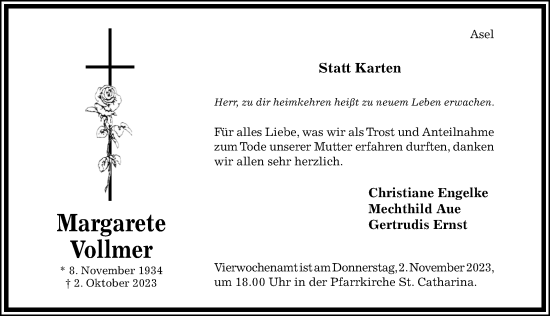 Traueranzeige von Margarete Vollmer von Hildesheimer Allgemeine Zeitung