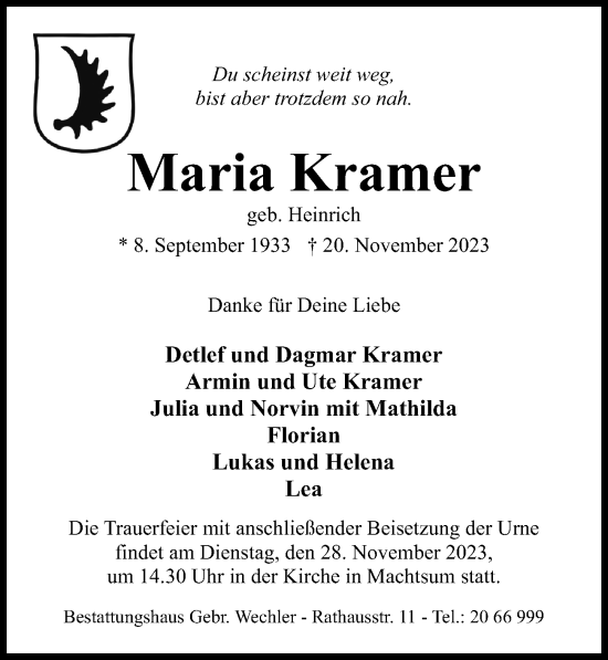 Traueranzeige von Maria Kramer von Hildesheimer Allgemeine Zeitung