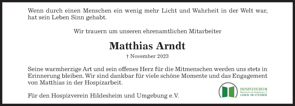  Traueranzeige für Matthias Arndt vom 25.11.2023 aus Hildesheimer Allgemeine Zeitung