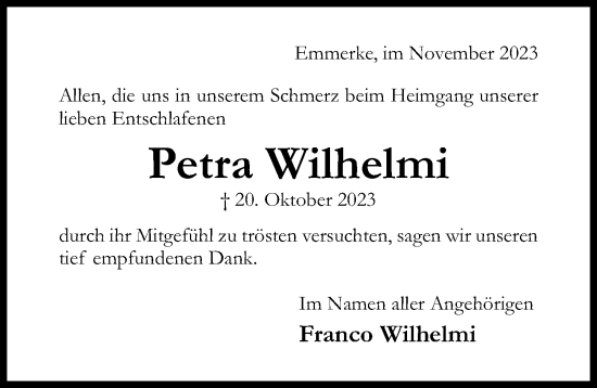 Traueranzeige von Petra Wilhelmi von Hildesheimer Allgemeine Zeitung