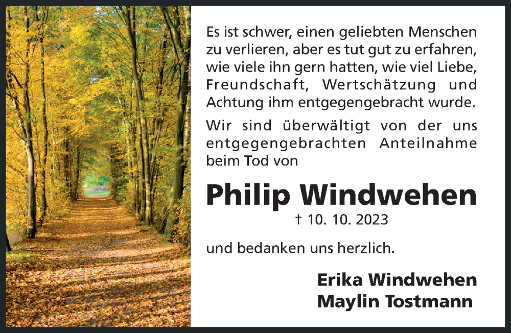  Traueranzeige für Philip Windwehen vom 08.11.2023 aus Hildesheimer Allgemeine Zeitung