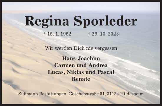 Traueranzeige von Regina Sporleder von Hildesheimer Allgemeine Zeitung