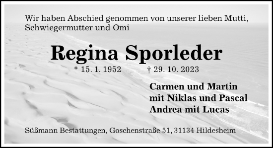 Traueranzeige von Regina Sporleder von Hildesheimer Allgemeine Zeitung