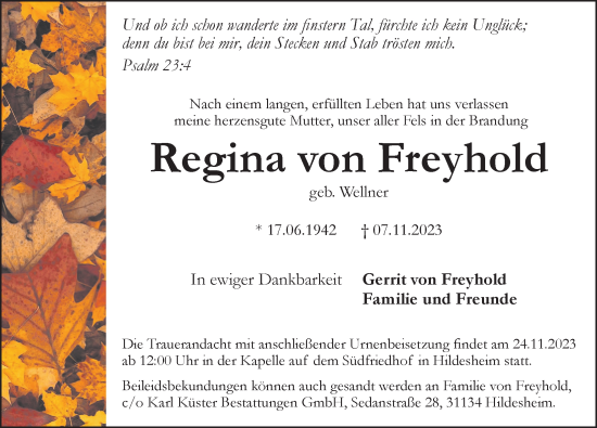 Traueranzeige von Regina von Freyhold von Hildesheimer Allgemeine Zeitung