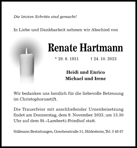 Traueranzeige von Renate Hartmann von Hildesheimer Allgemeine Zeitung