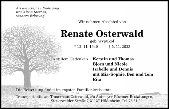 Traueranzeige von Renate Osterwald von Hildesheimer Allgemeine Zeitung