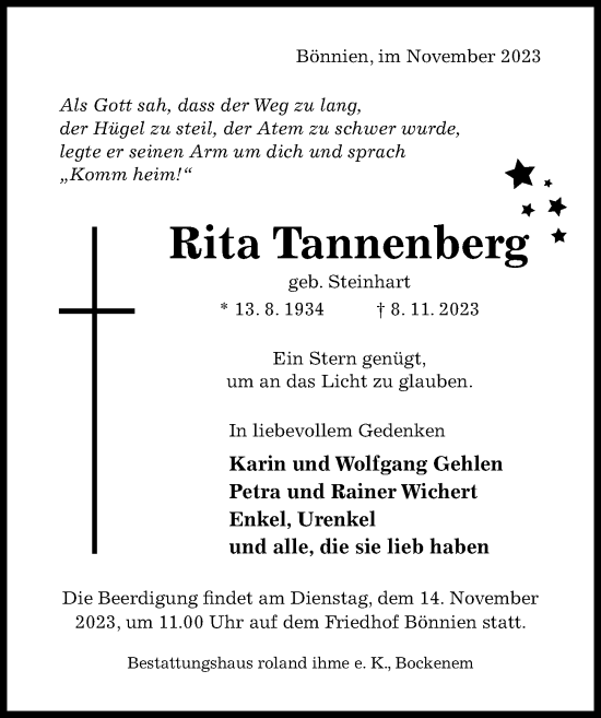 Traueranzeige von Rita Tannenberg von Hildesheimer Allgemeine Zeitung