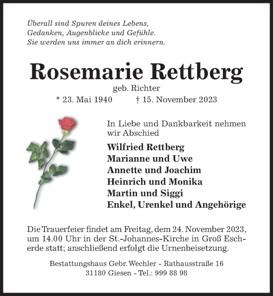 Traueranzeige von Rosemarie Rettberg von Hildesheimer Allgemeine Zeitung