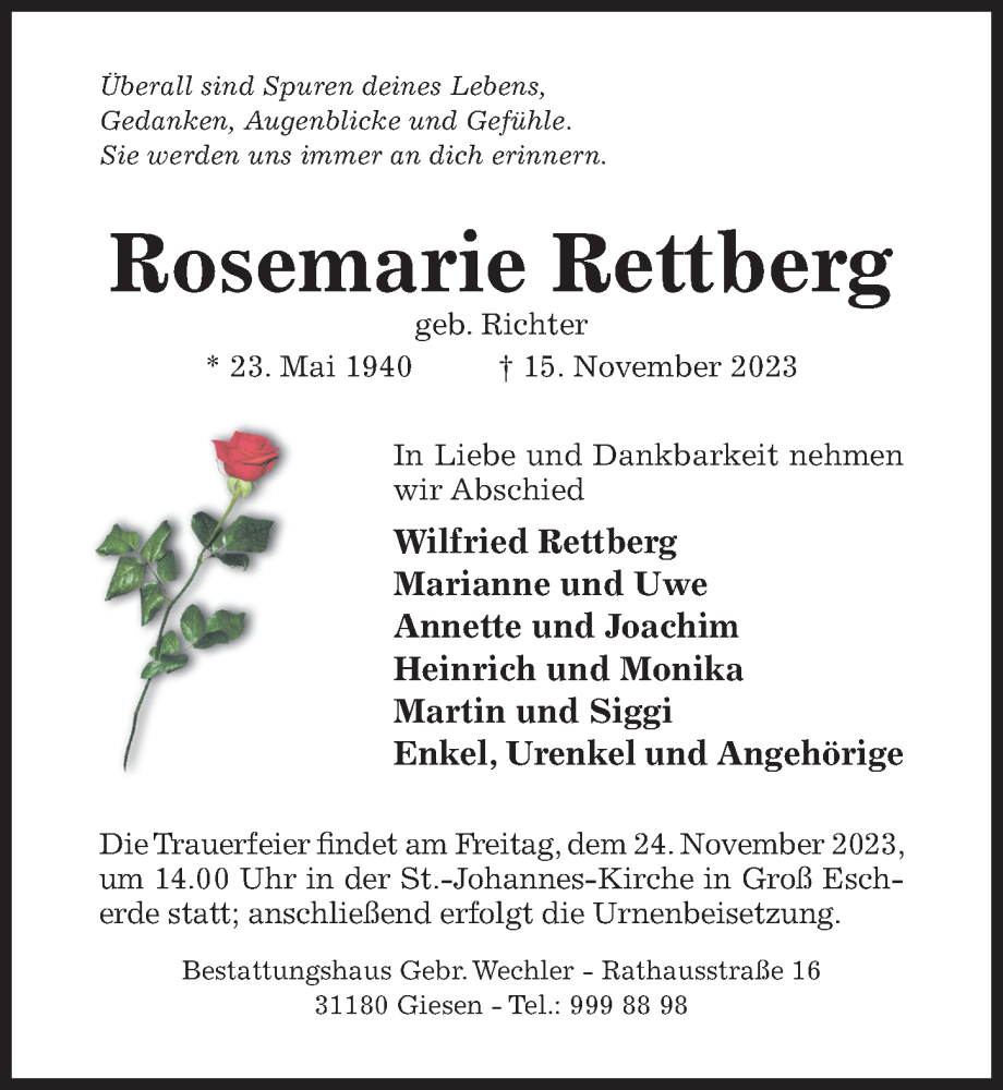  Traueranzeige für Rosemarie Rettberg vom 18.11.2023 aus Hildesheimer Allgemeine Zeitung