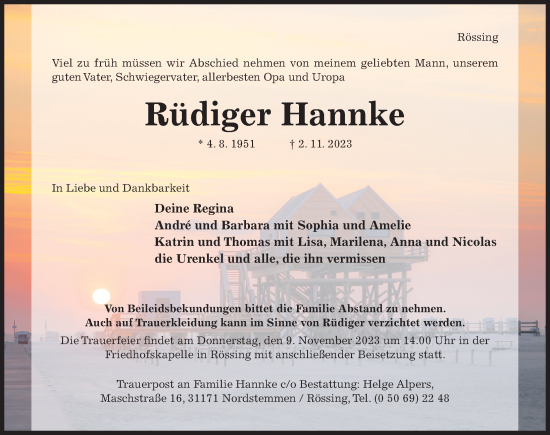 Traueranzeige von Rüdiger Hannke von Hildesheimer Allgemeine Zeitung