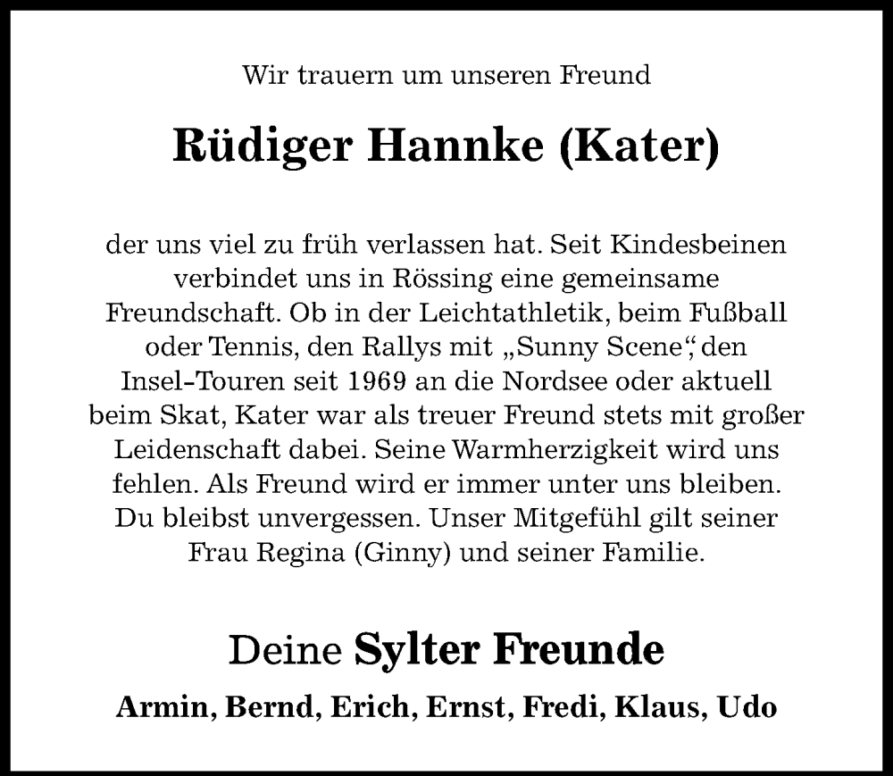  Traueranzeige für Rüdiger Hannke vom 07.11.2023 aus Hildesheimer Allgemeine Zeitung