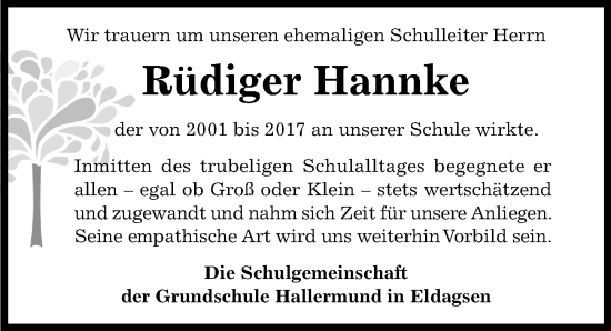 Traueranzeige von Rüdiger Hannke von Hildesheimer Allgemeine Zeitung