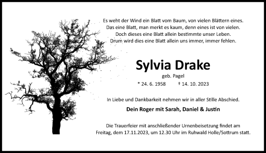 Traueranzeige von Sylvia Drake von Hildesheimer Allgemeine Zeitung