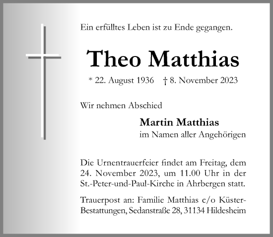 Traueranzeige von Theo Matthias von Hildesheimer Allgemeine Zeitung