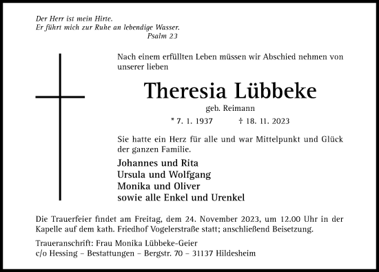 Traueranzeige von Theresia Lübbeke von Hildesheimer Allgemeine Zeitung