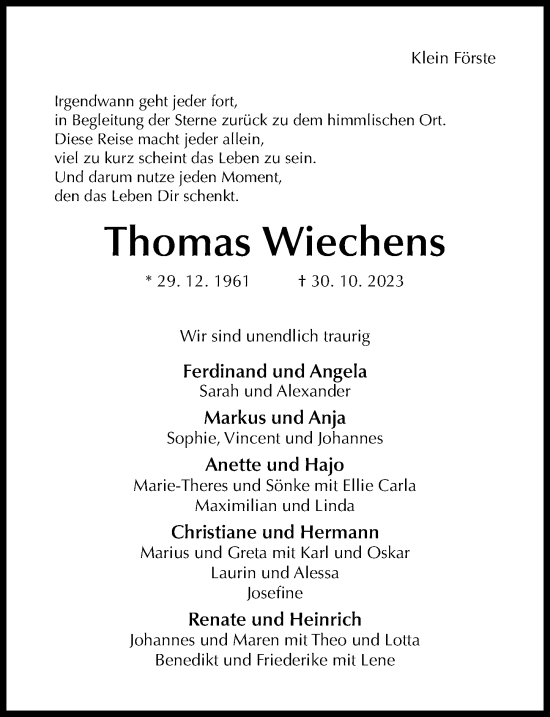 Traueranzeige von Thomas Wiechens von Hildesheimer Allgemeine Zeitung