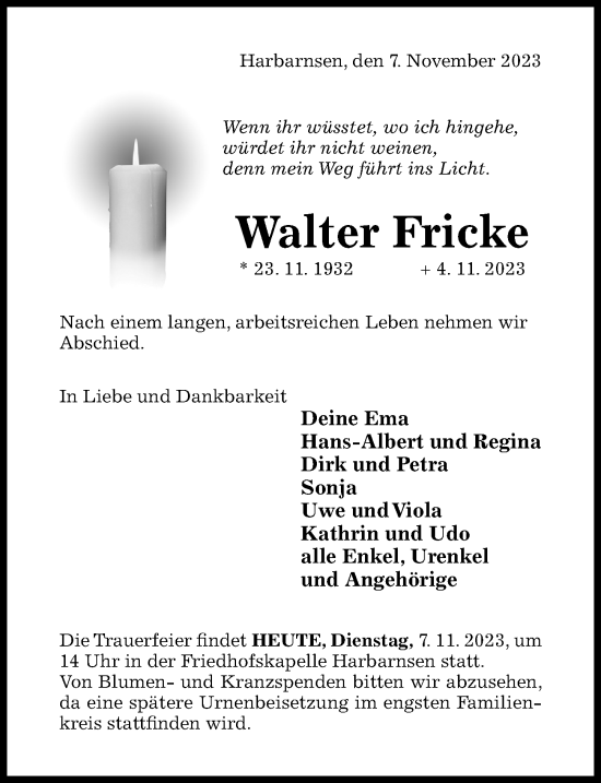 Traueranzeige von Walter Fricke von Hildesheimer Allgemeine Zeitung