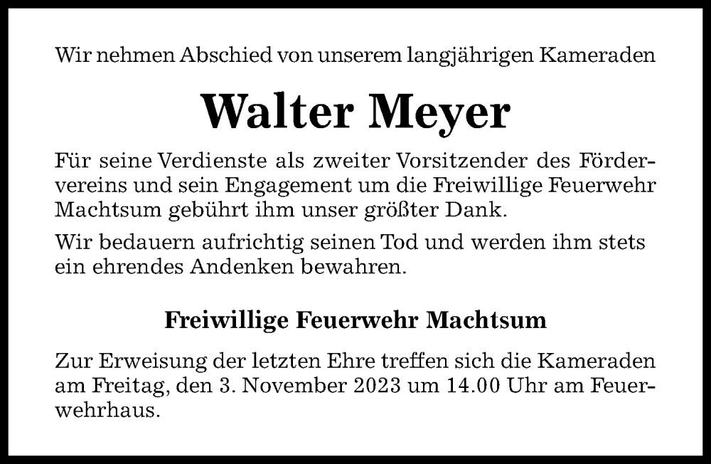  Traueranzeige für Walter Meyer vom 01.11.2023 aus Hildesheimer Allgemeine Zeitung