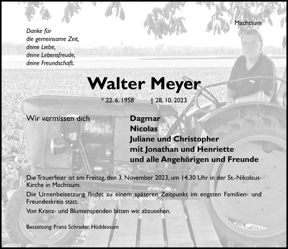  Traueranzeige für Walter Meyer vom 01.11.2023 aus Hildesheimer Allgemeine Zeitung