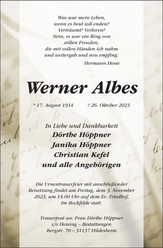 Traueranzeige von Werner Albes von Hildesheimer Allgemeine Zeitung