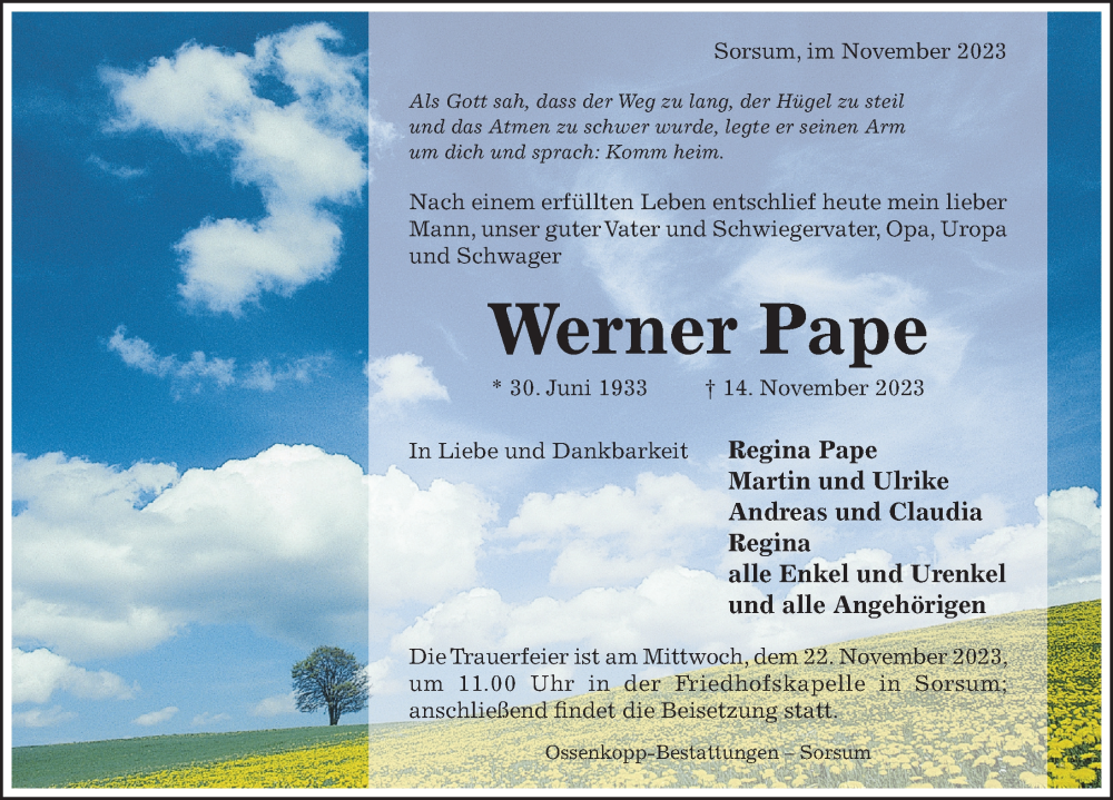  Traueranzeige für Werner Pape vom 16.11.2023 aus Hildesheimer Allgemeine Zeitung