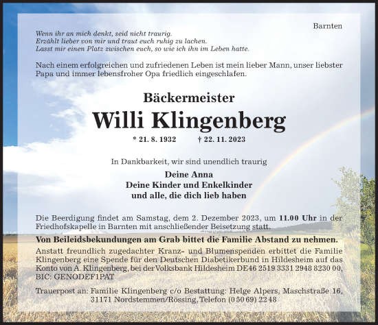 Traueranzeige von Willi Klingenberg von Hildesheimer Allgemeine Zeitung