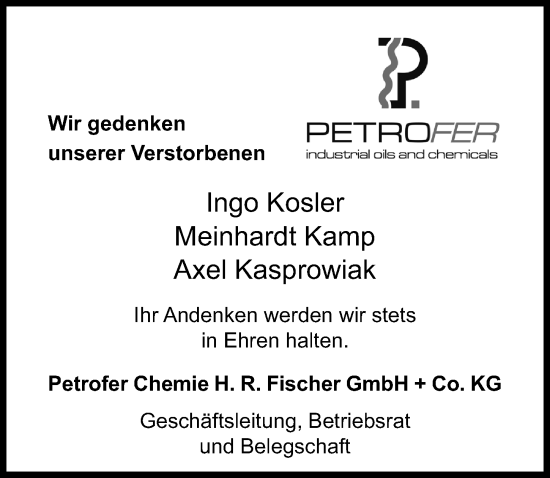 Traueranzeige von Nachruf Petrofer Chemie H. R. Fischer GmbH + Co. KG von Hildesheimer Allgemeine Zeitung
