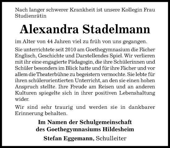 Traueranzeige von Alexandra Stadelmann von Hildesheimer Allgemeine Zeitung