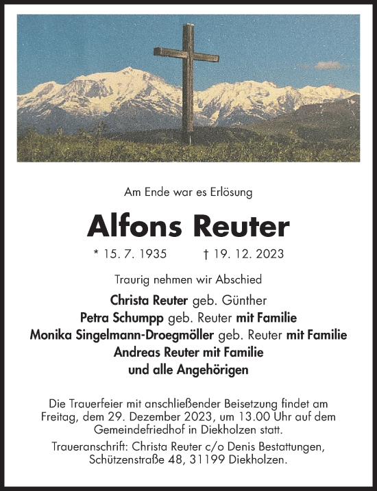 Traueranzeige von Alfons Reuter von Hildesheimer Allgemeine Zeitung