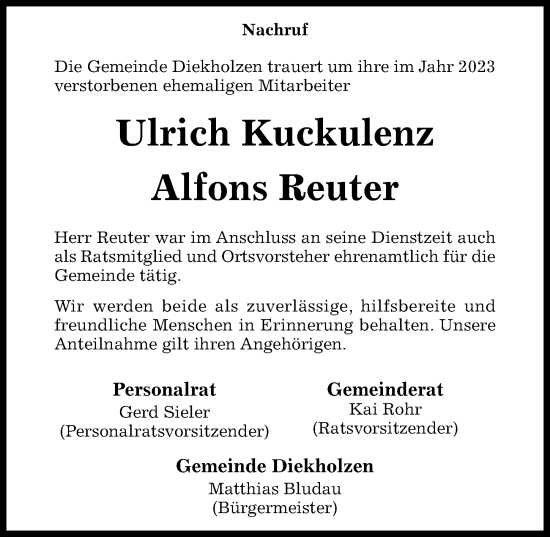 Traueranzeige von Alfons Reuter von Hildesheimer Allgemeine Zeitung