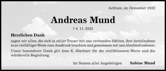 Traueranzeige von Andreas Mund von Hildesheimer Allgemeine Zeitung