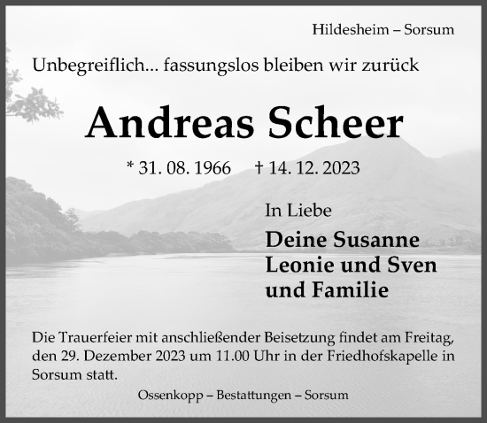 Traueranzeige von Andreas Scheer von Hildesheimer Allgemeine Zeitung